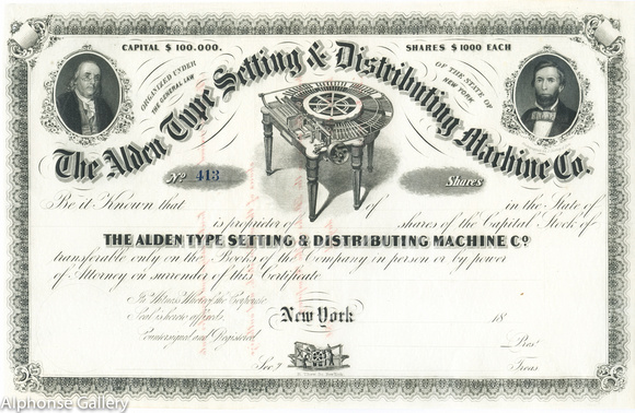 The Alden Type Setting & Distributing Machine Co stock certificate photo by Gurney & Son